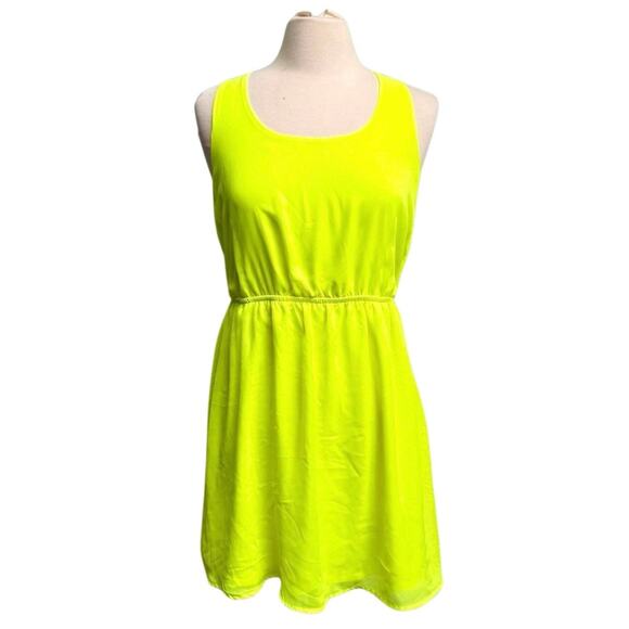 Neon Strappy Back Fit and Flare Lime Green Yellow Mini Dress - Picture 1 of 13